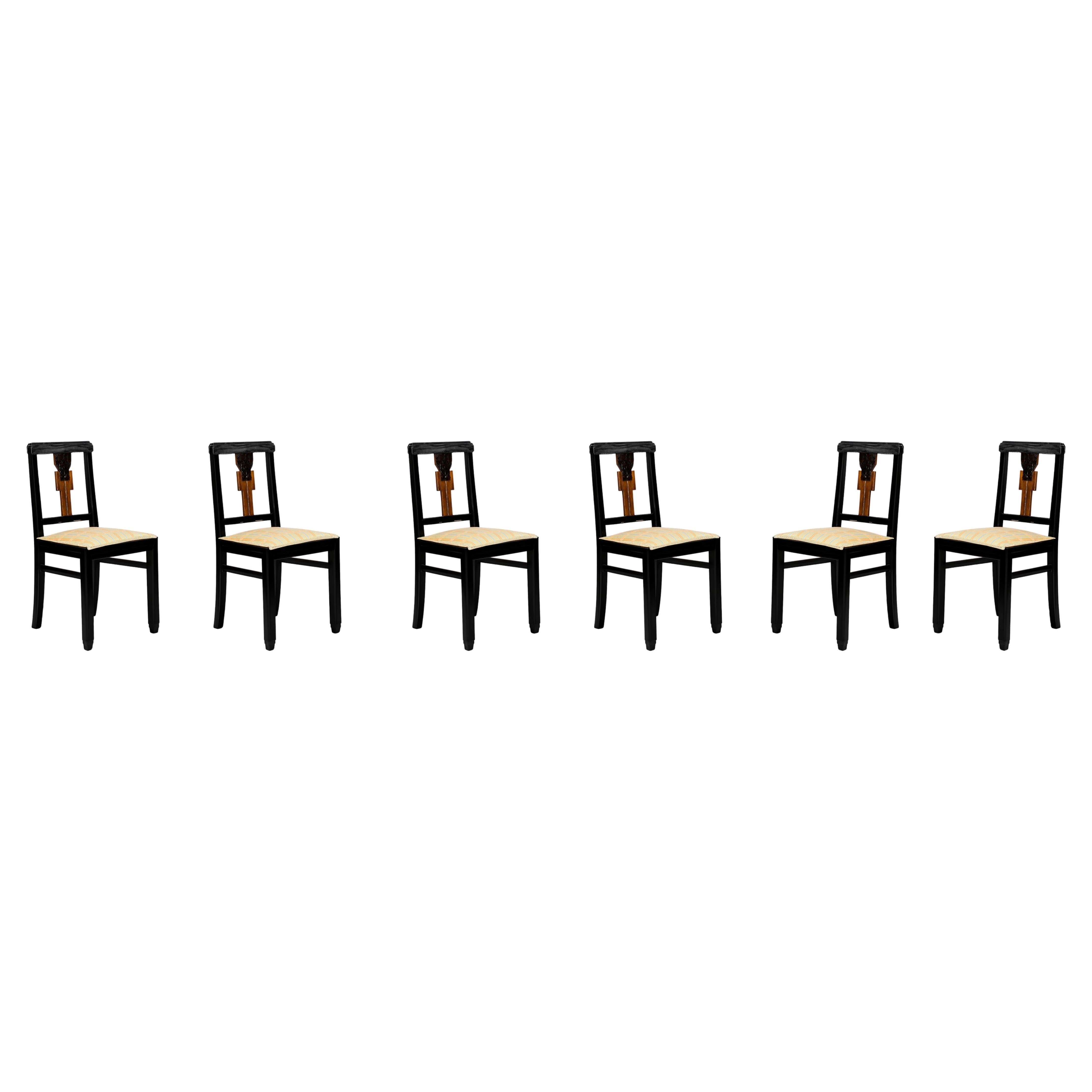 Set Of 6 Art Deco Black Lacquer Chairs, (1939-1949), Portuguese