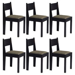 Ensemble de 6 chaises Art Déco, bois de frêne noir, tapisserie en cuir et détails en laiton