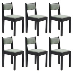 Set of 6 Art Deco Chairs, Black Ash Wood, Green Upholstery & Brass Details
