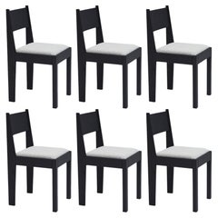 Set of 6 Art Deco Chairs, Black Ash Wood, Upholstered Seat & Bronze Details