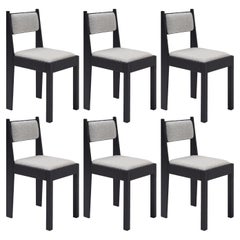 Set of 6 Art Deco Chairs, Black Ash Wood, White Upholstery & Bronze Details