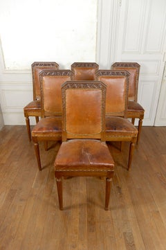 Set of 6 Art Deco Chairs in Carved Walnut, att. Gauthier-Poinsignon, Circa 1920