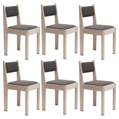 Set of 6 Art Deco Chairs, Natural Ash Wood, Brown Upholstery & Bronze Details