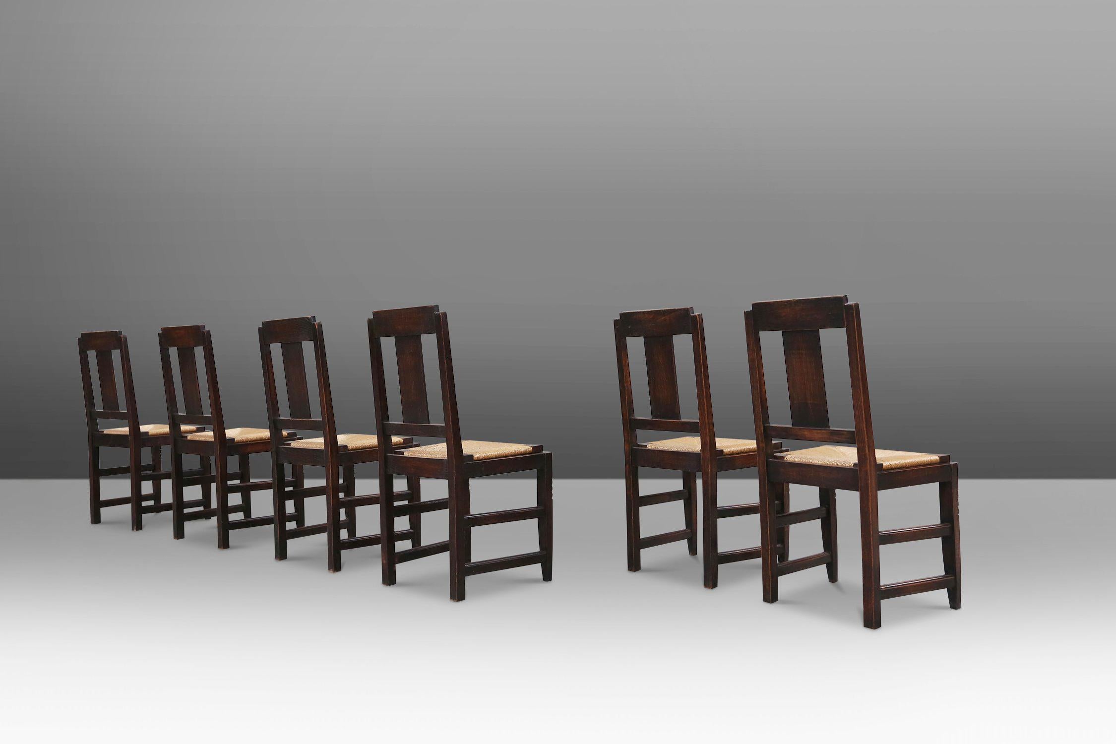 Set of 6 Art Deco Dining Chairs in Oak and Wicker by Victor Coutray, France For Sale 6