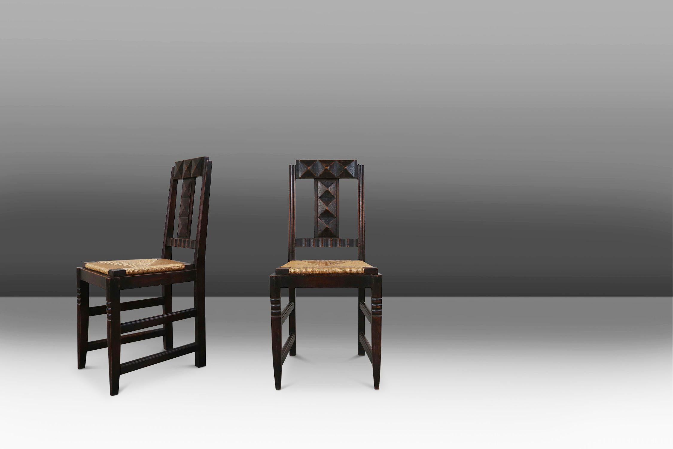 French Set of 6 Art Deco Dining Chairs in Oak and Wicker by Victor Coutray, France For Sale
