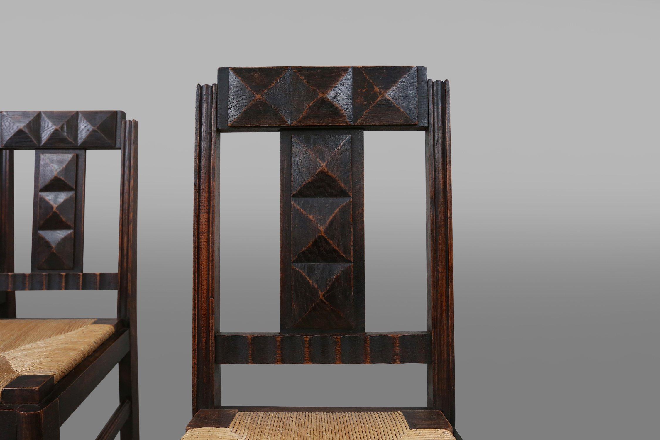 Set of 6 Art Deco Dining Chairs in Oak and Wicker by Victor Coutray, France For Sale 3