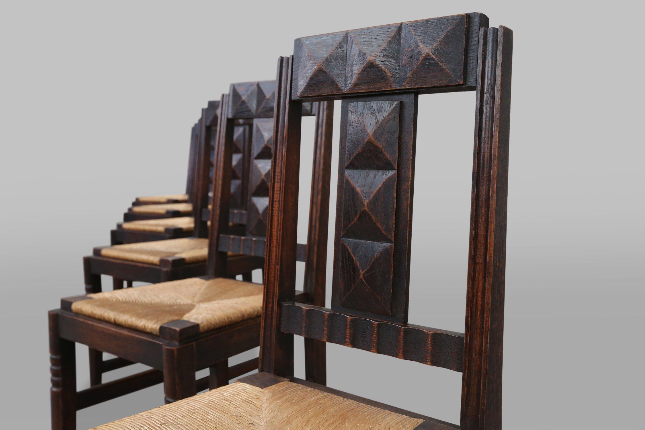 Set of 6 Art Deco Dining Chairs in Oak and Wicker by Victor Coutray, France For Sale 4