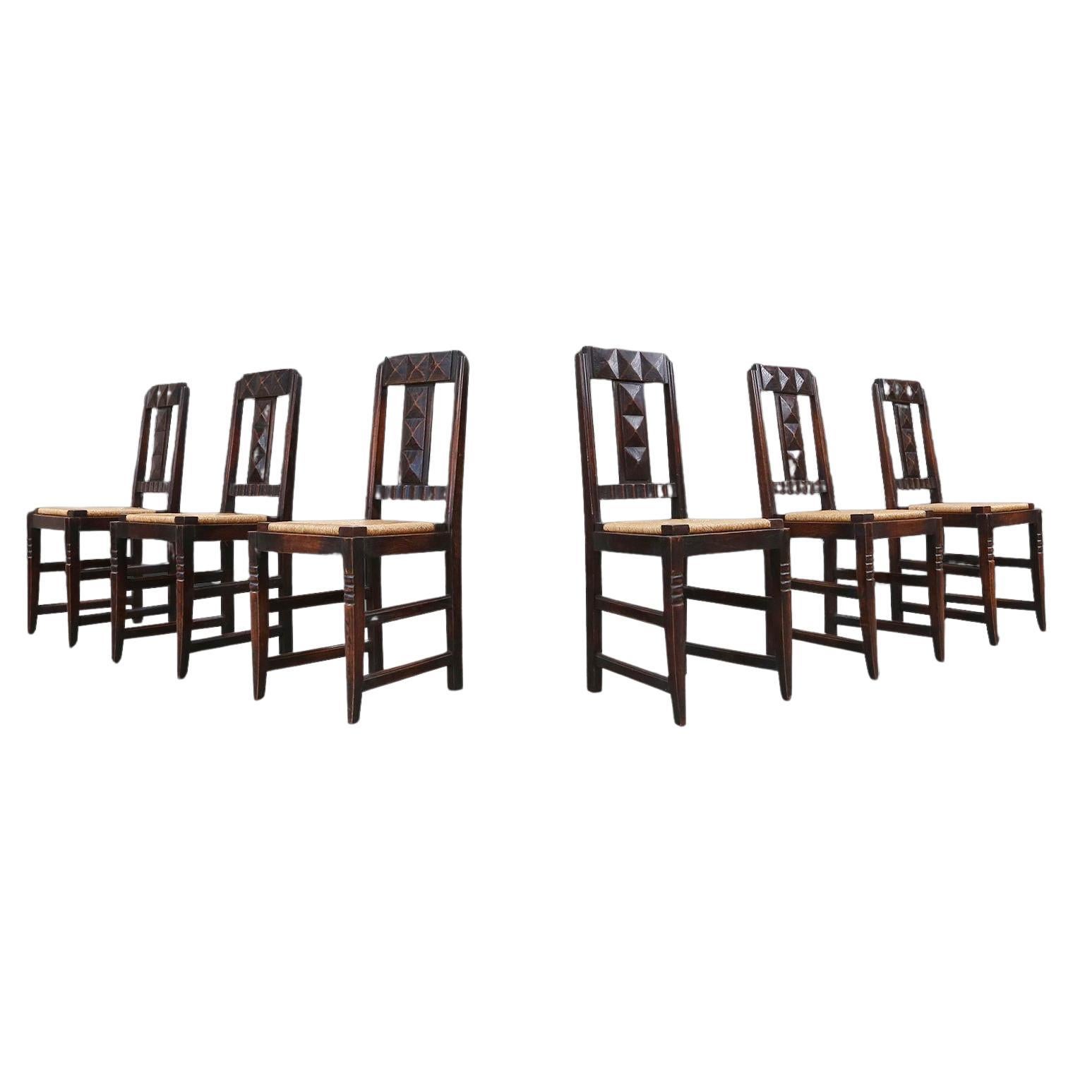 Set of 6 Art Deco Dining Chairs in Oak and Wicker by Victor Coutray, France For Sale