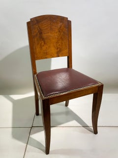 Set of 6 Art Deco Dining Chairs in Walnut and Burgundy Leather, France, 1930's