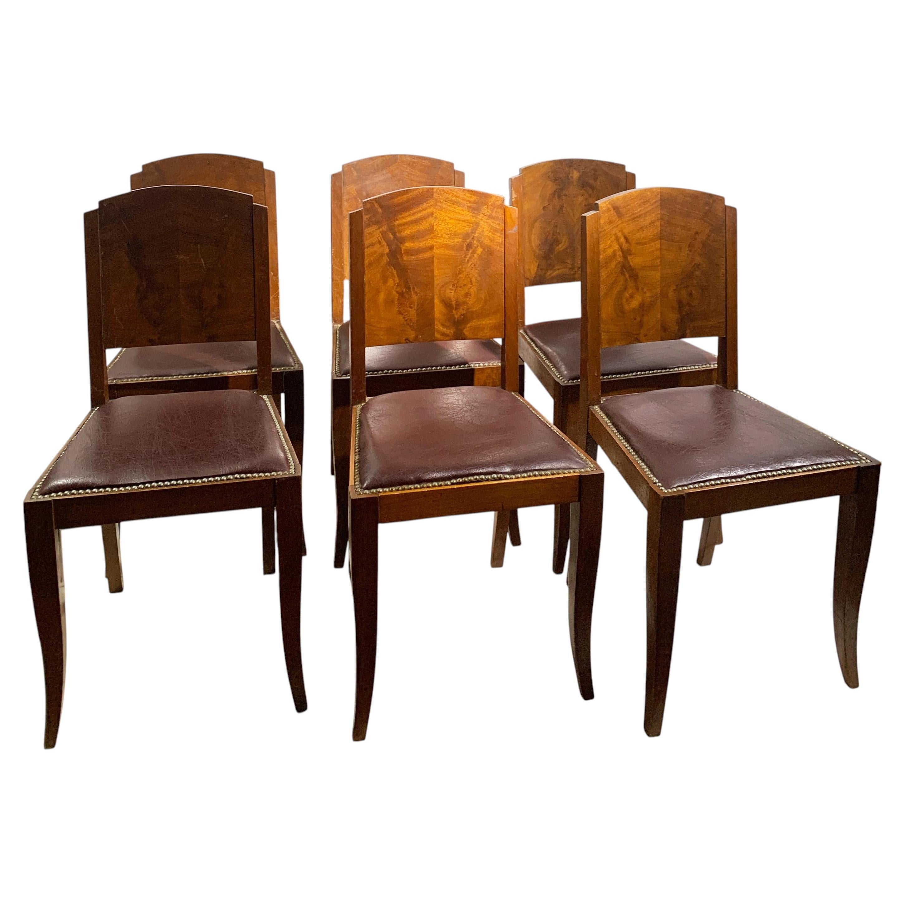 Set of 6 Art Deco Dining Chairs in Walnut and Burgundy Leather, France, 1930's
