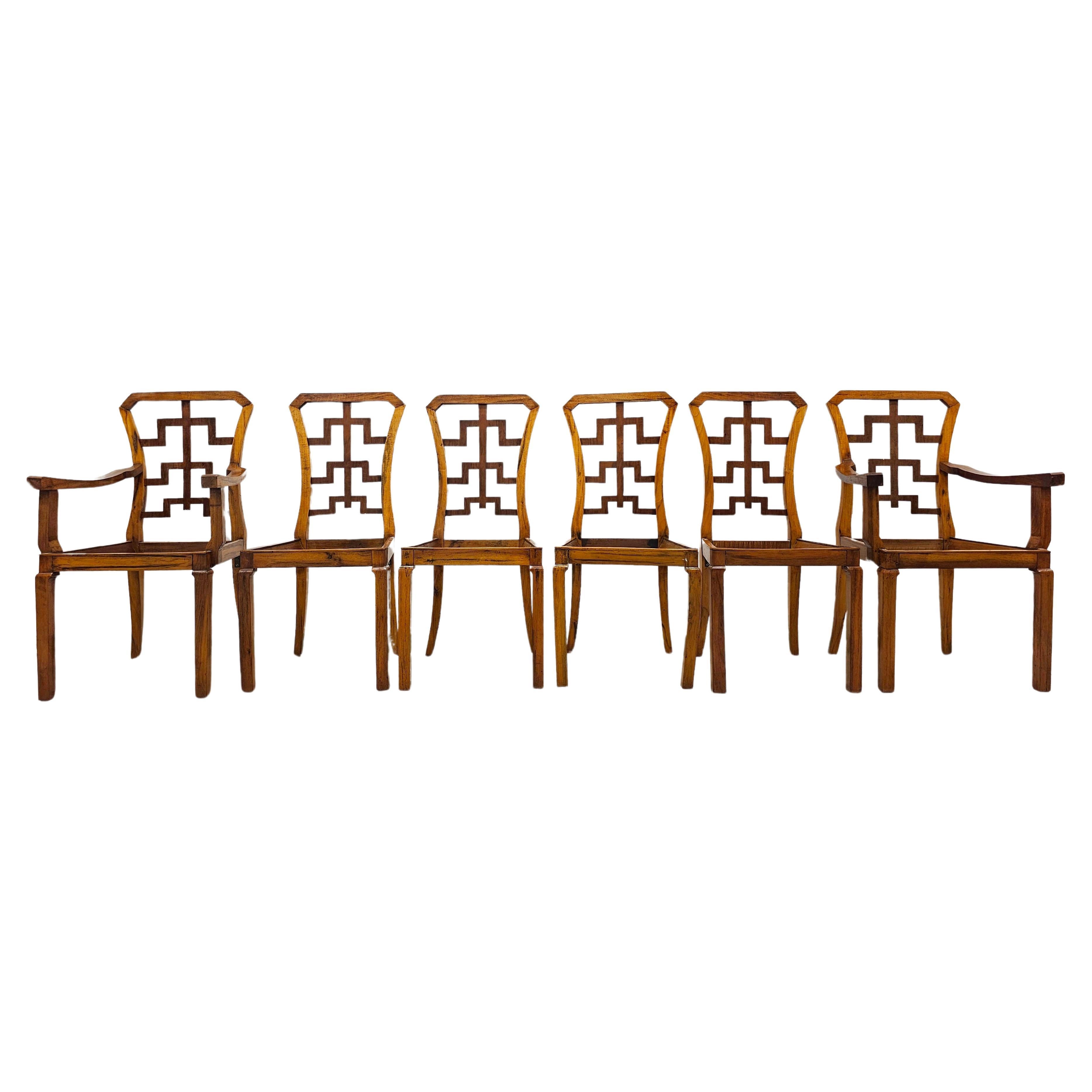 Set of 6 Art Deco Dining Chairs in walnut with stunning backrests, Austria 1930s