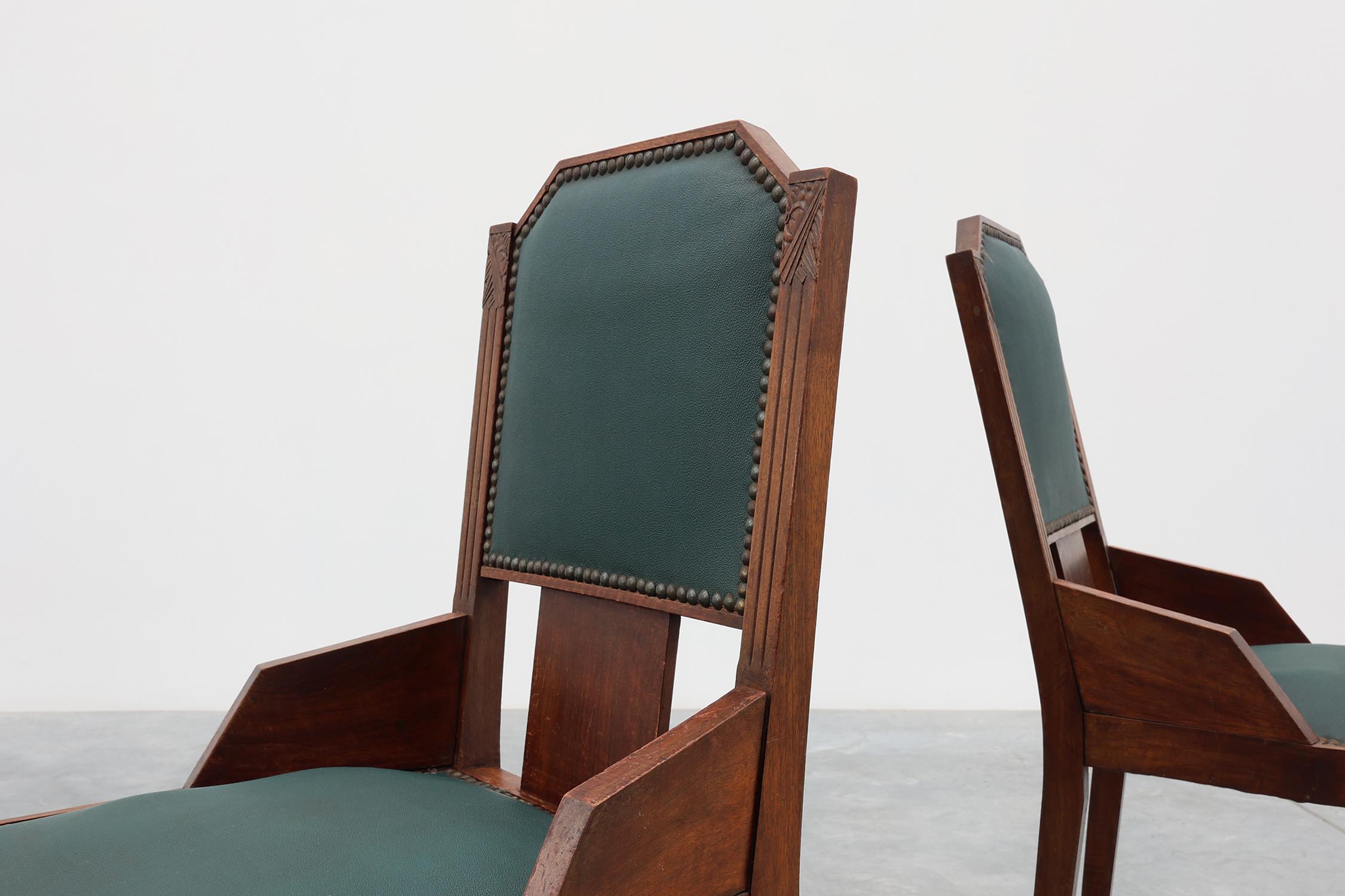 Satz von 6 Art Deco Esszimmerstühlen aus Holz mit Originalpolsterung, Belgien 1930er Jahre im Angebot 3