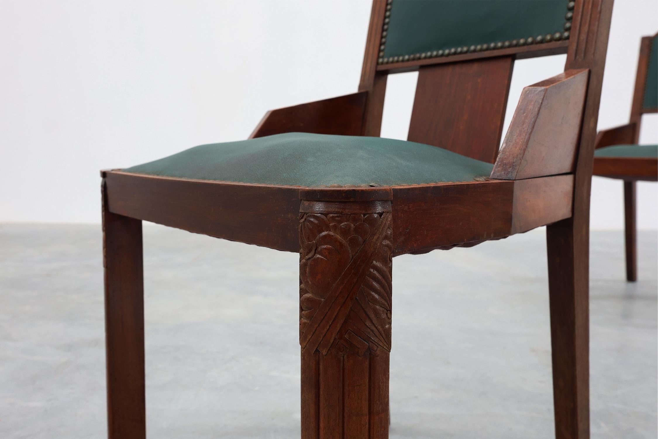 Satz von 6 Art Deco Esszimmerstühlen aus Holz mit Originalpolsterung, Belgien 1930er Jahre im Angebot 8