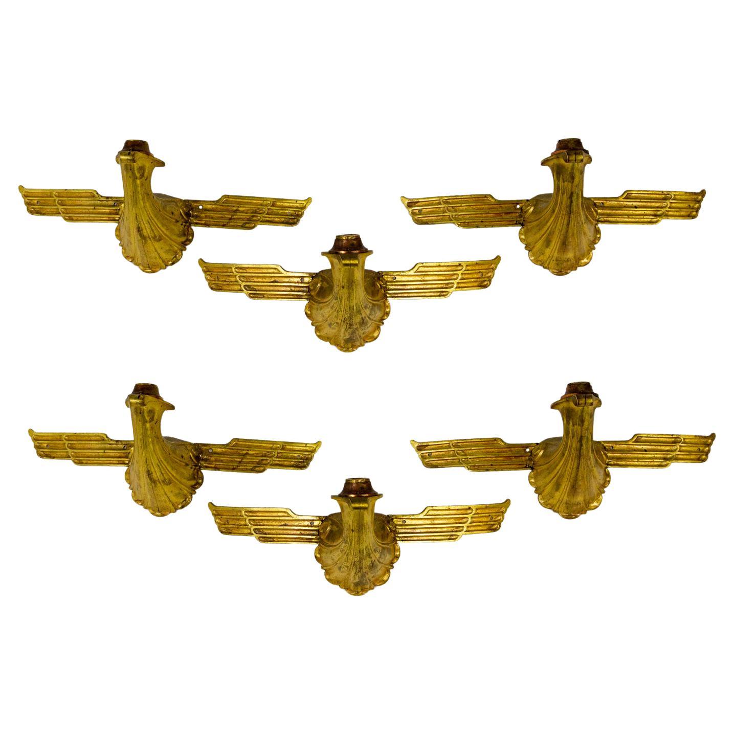 Set of 6 Art Deco Gilt Bronze Avian Theater Sconces For Sale
