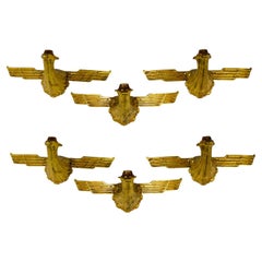 Antique Set of 6 Art Deco Gilt Bronze Avian Theater Sconces