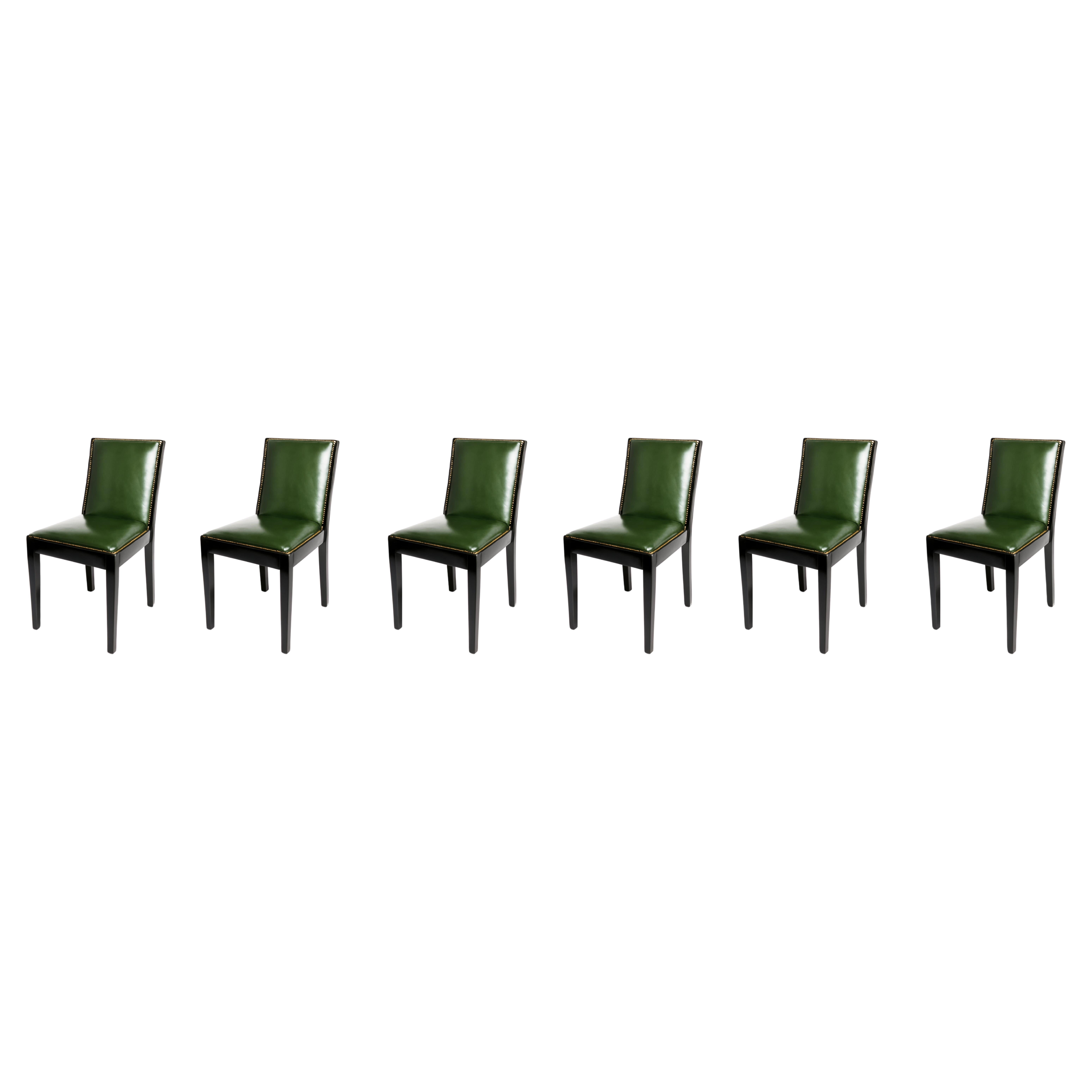 Ensemble de 6 chaises de salle à manger Art Déco en cuir et laque noire, 20ème siècle