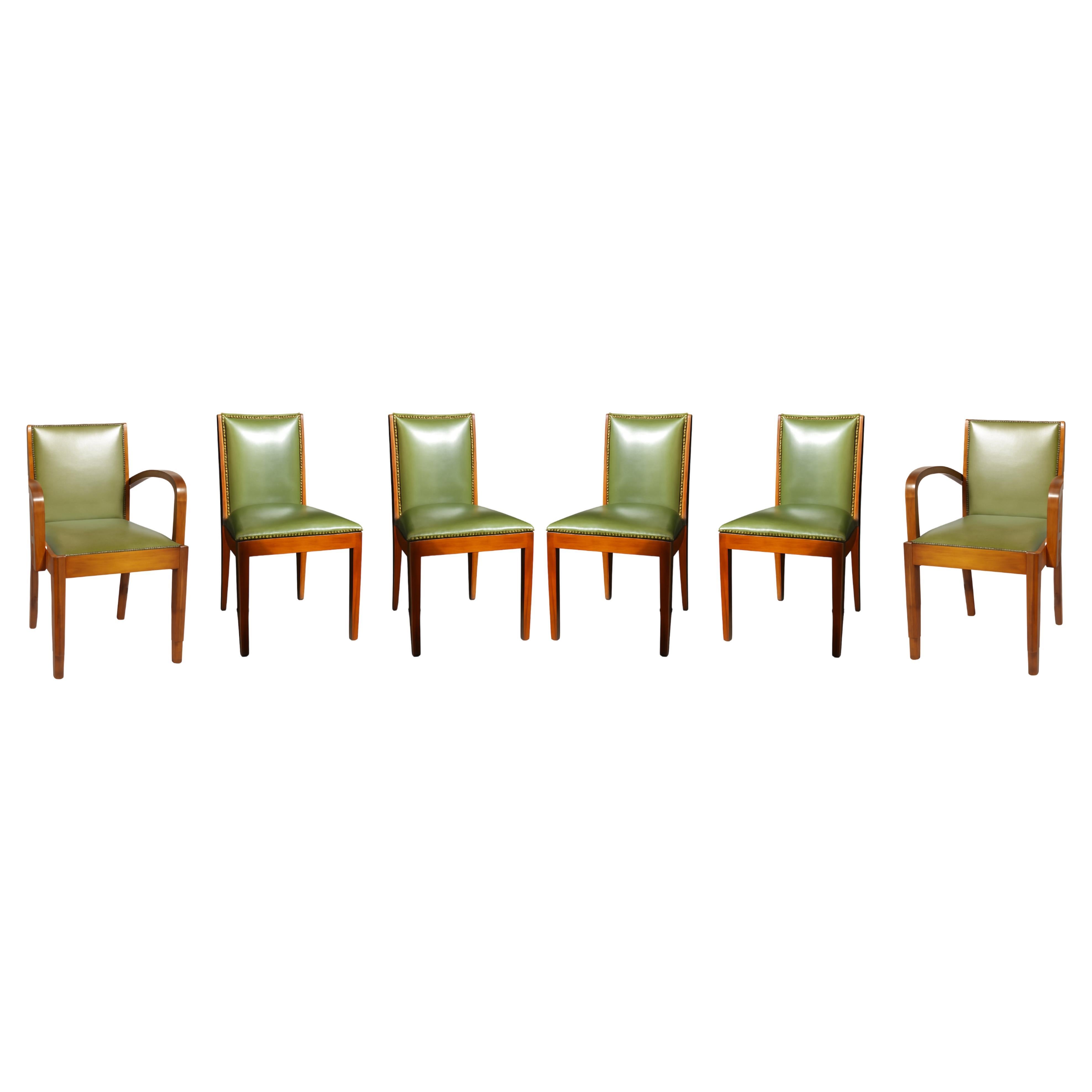 Set of 6 Art Deco Leather Dining Chairs, 20th Century en venta