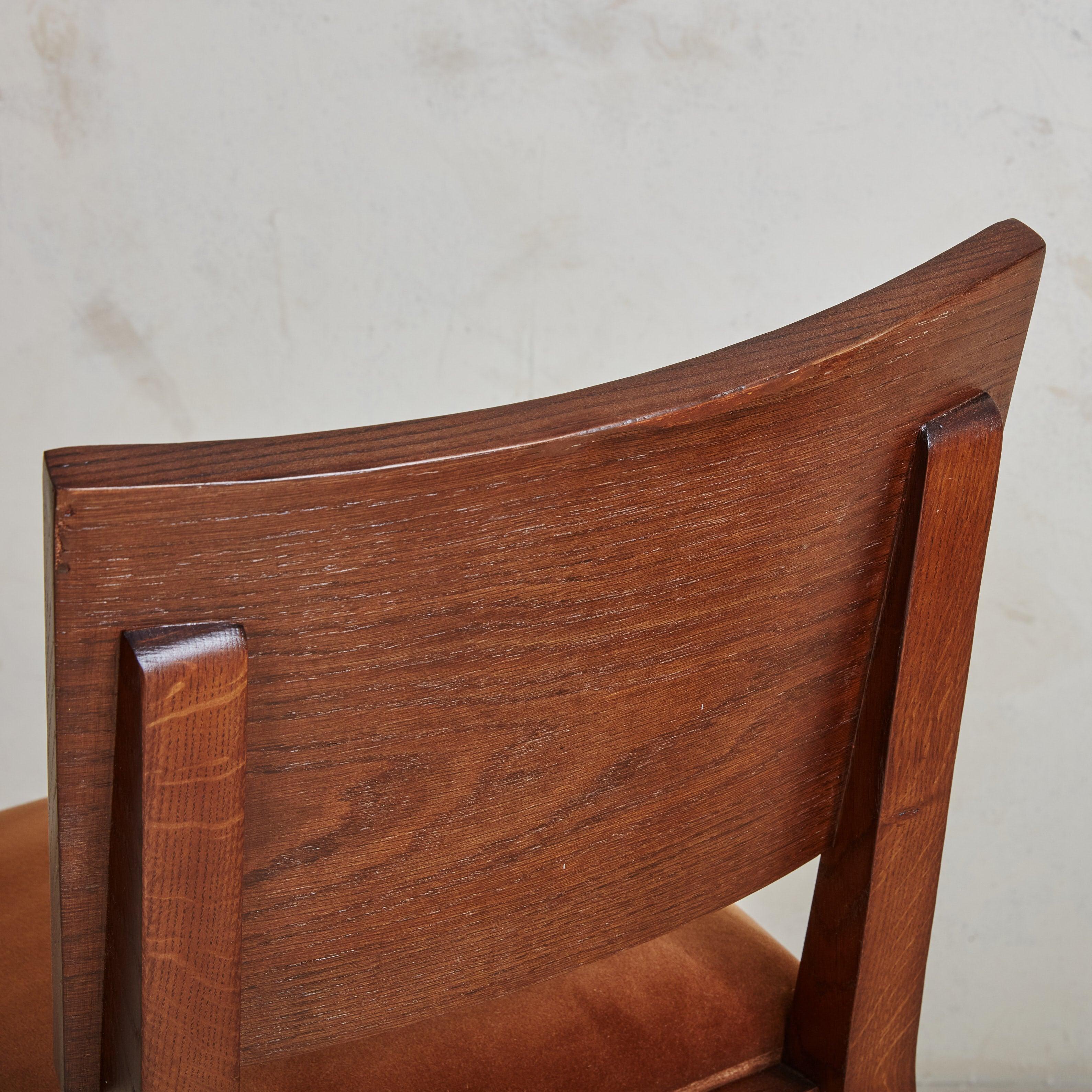 Set of 6 Art Deco Oak + Brown Velvet Dining Chairs, France 1940s For Sale 5