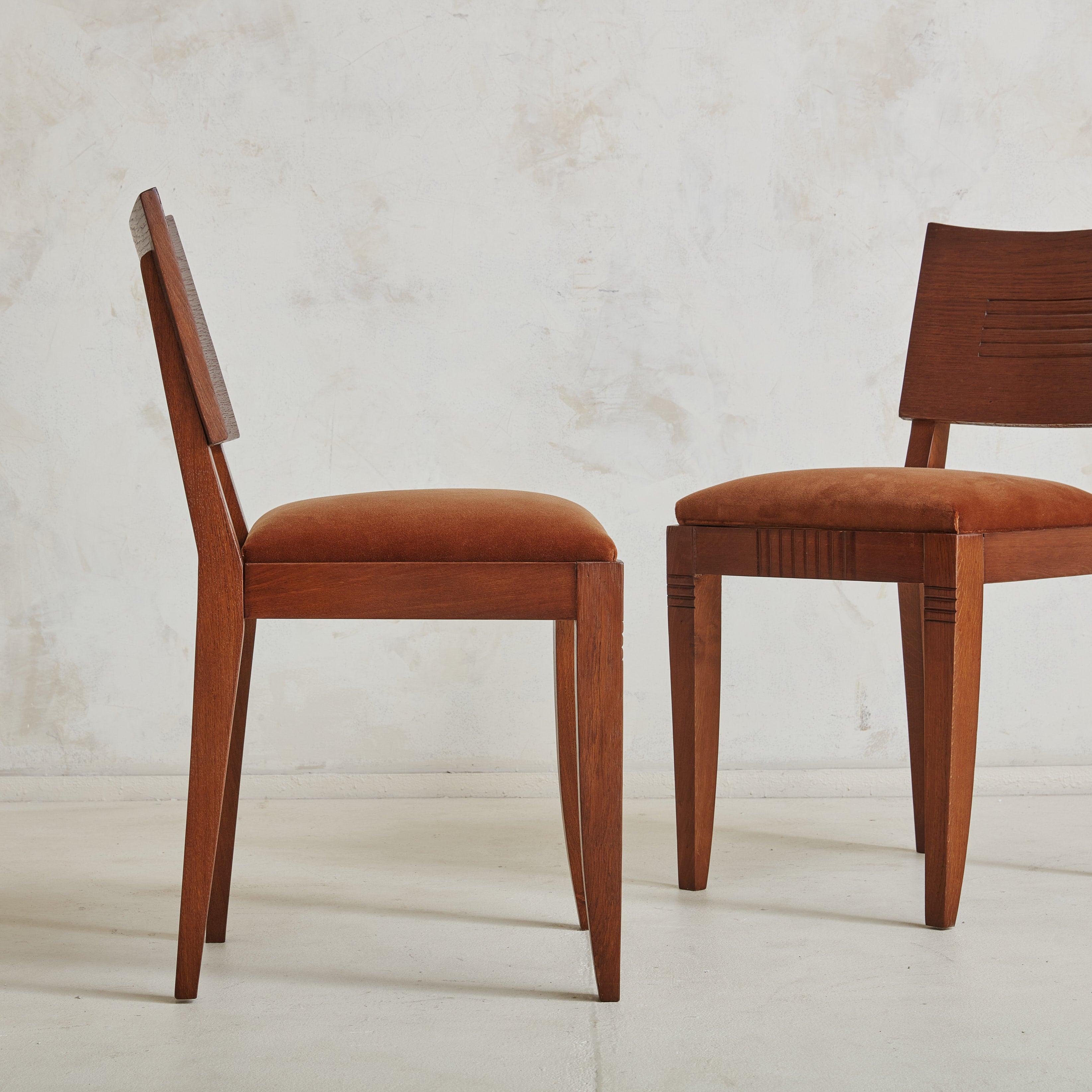 French Set of 6 Art Deco Oak + Brown Velvet Dining Chairs, France 1940s For Sale