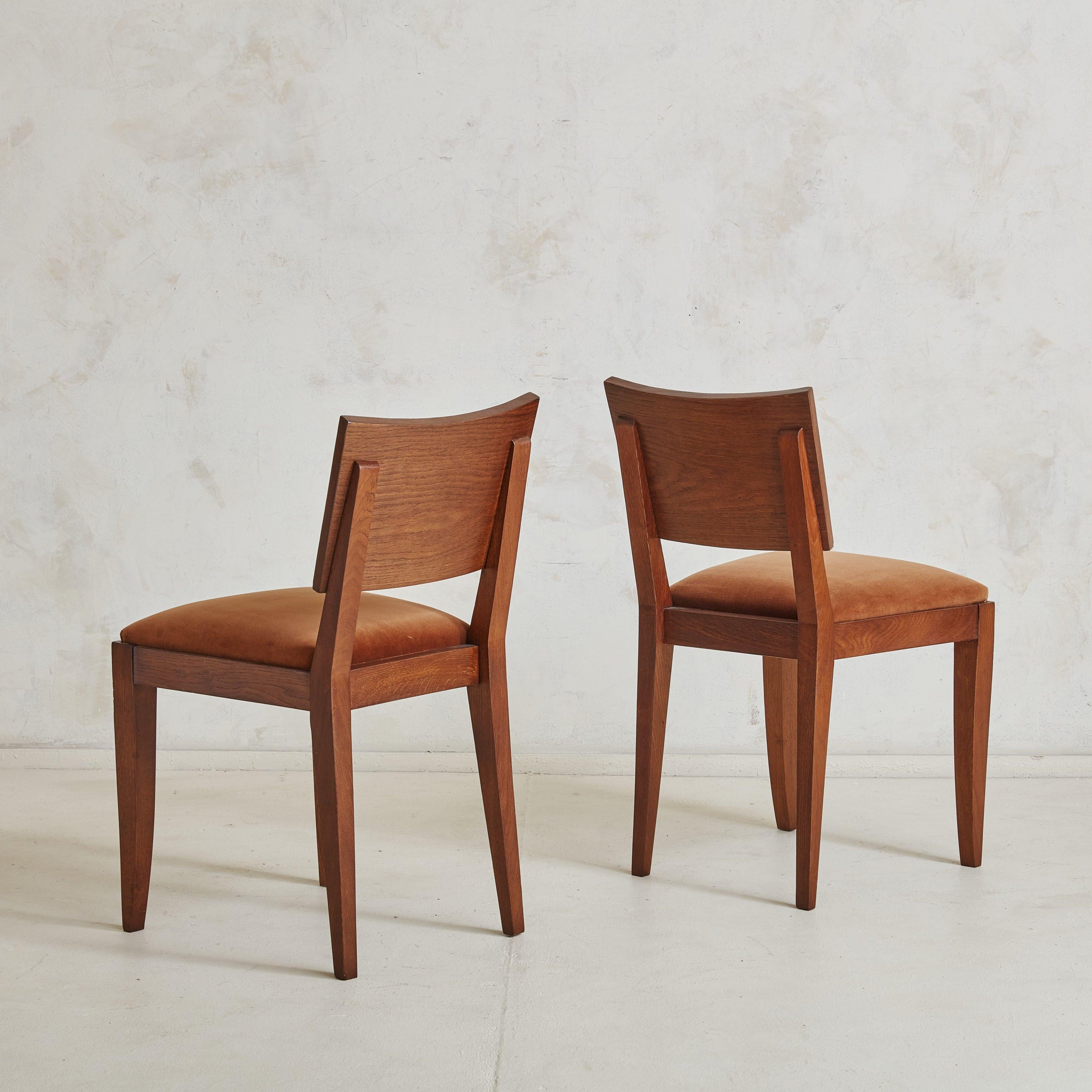 Set of 6 Art Deco Oak + Brown Velvet Dining Chairs, France 1940s In Good Condition For Sale In Chicago, IL