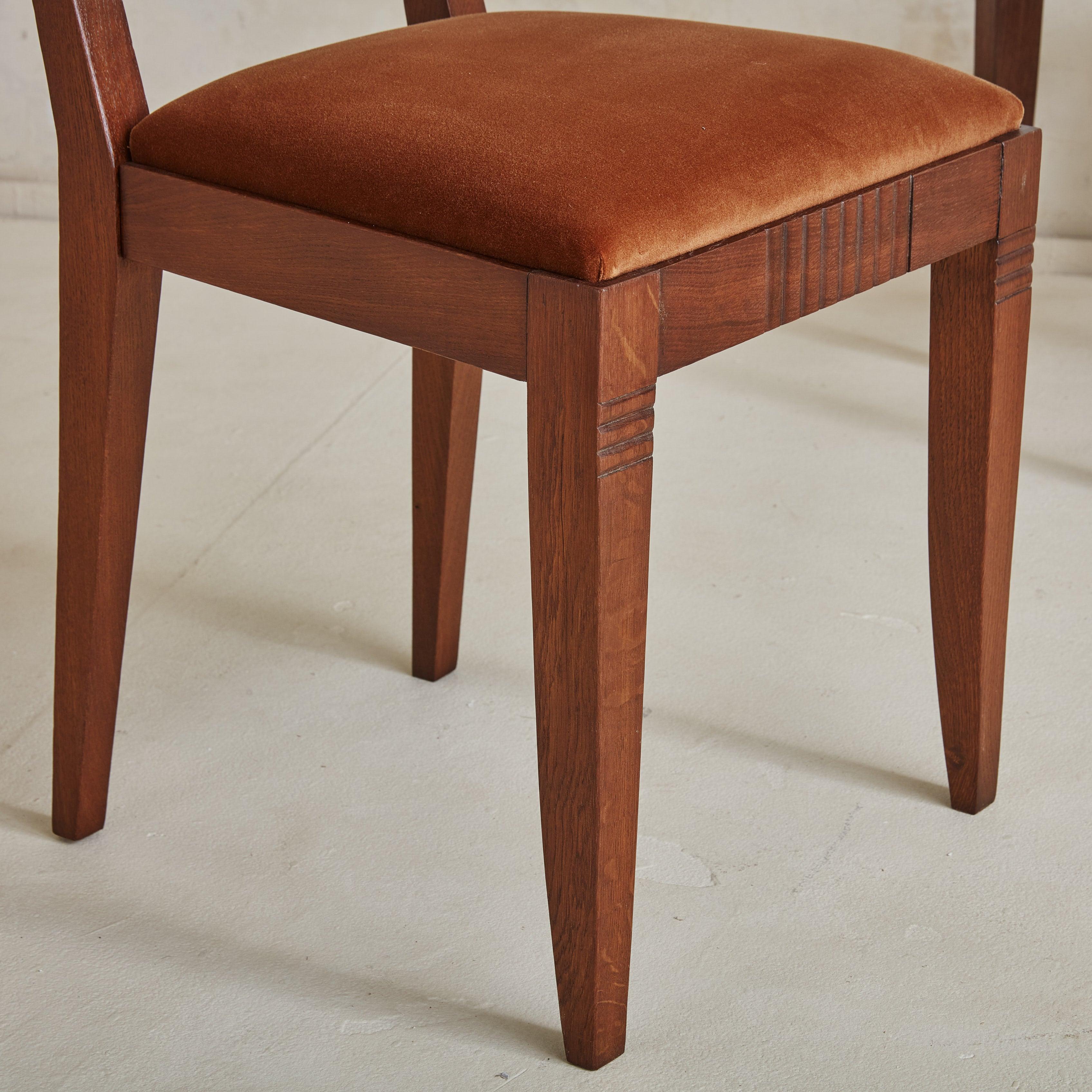 Mid-20th Century Set of 6 Art Deco Oak + Brown Velvet Dining Chairs, France 1940s For Sale