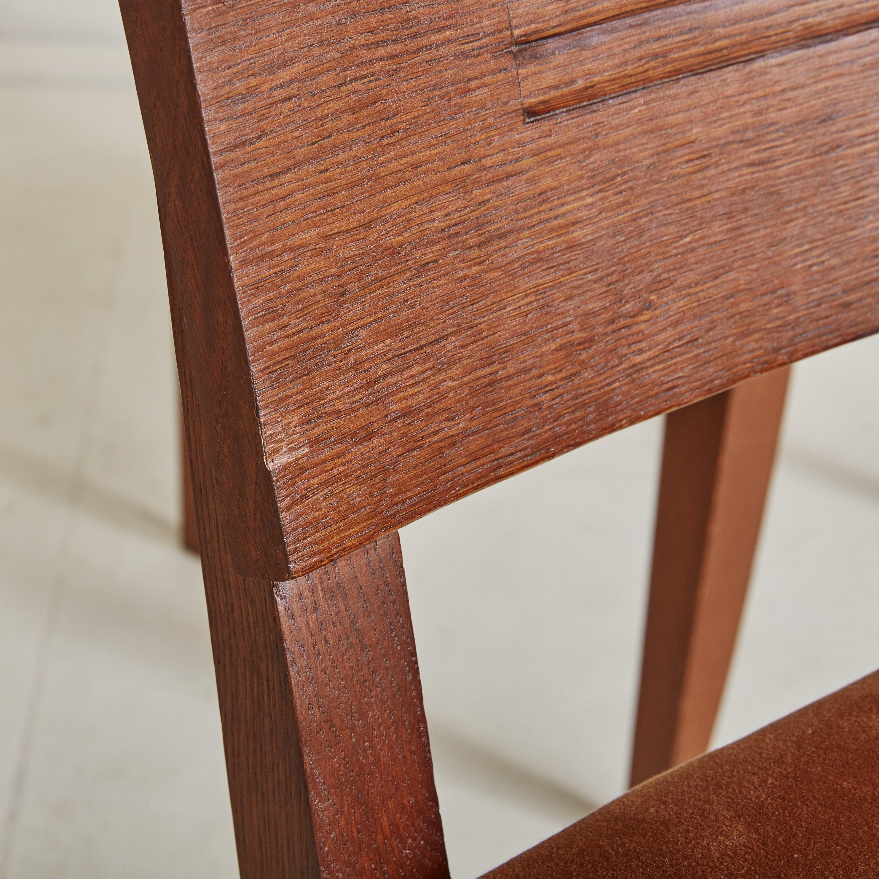 Set of 6 Art Deco Oak + Brown Velvet Dining Chairs, France 1940s For Sale 3
