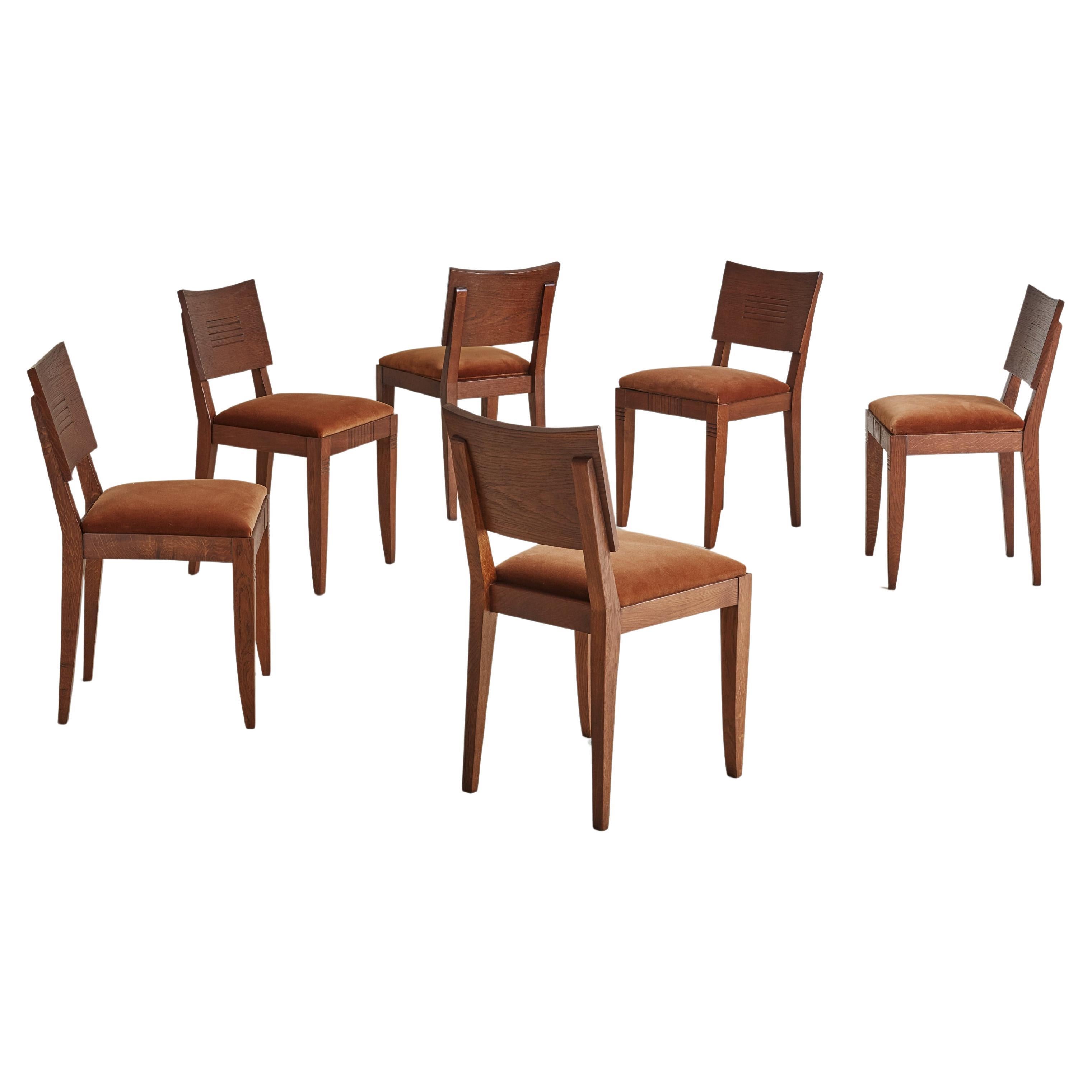 Set of 6 Art Deco Oak + Brown Velvet Dining Chairs, France 1940s