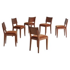 Set of 6 Art Deco Oak + Brown Velvet Dining Chairs, France 1940s