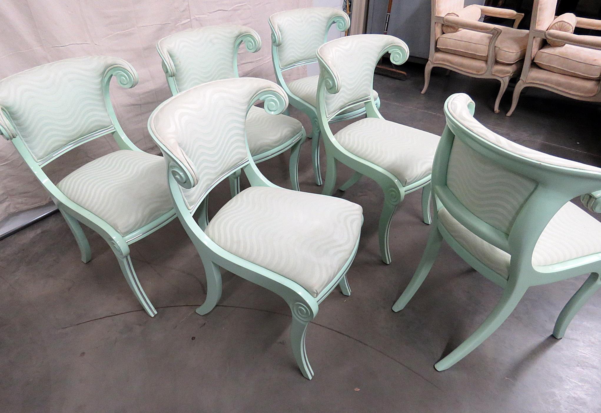 American Set 6 English Regency Style Painted Dining Chairs with Chrome Details