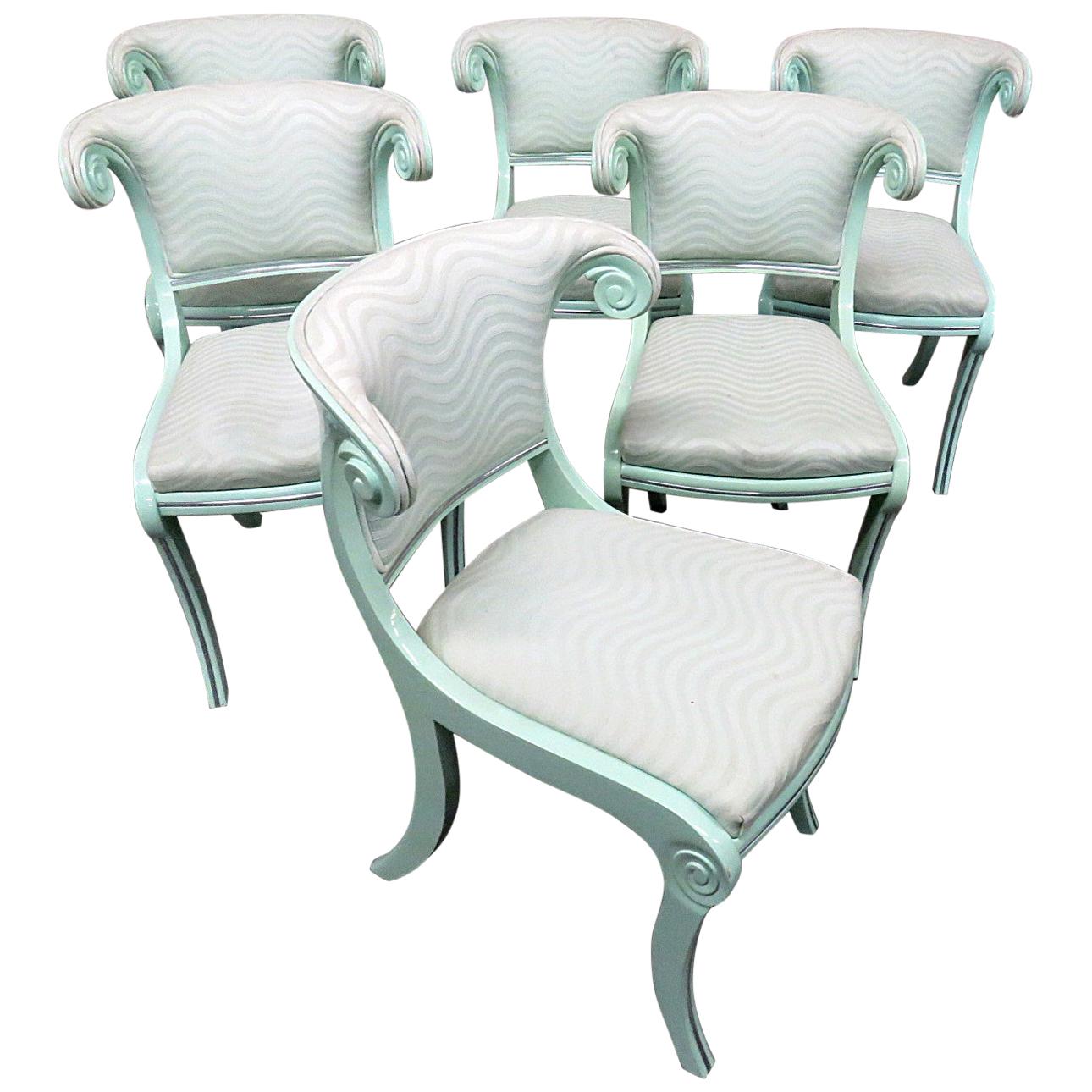 Set 6 English Regency Style Painted Dining Chairs with Chrome Details