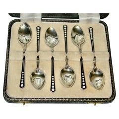 Set Of 6 Art Deco Silver And Enamel Coffee spoons Turner & Simpson 1948