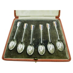 Set of 6 Art Deco Silver Coffee Spoons With Tri-Colour Enamel, Elkington, 1936