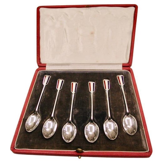 Set of 6 Art Deco Silver Coffee Spoons With Tri-Colour Enamel, Elkington, 1936