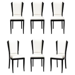 Set of 6 Art Deco Skyscraper Black Lacquer & Off White Upholstery Dining Chairs