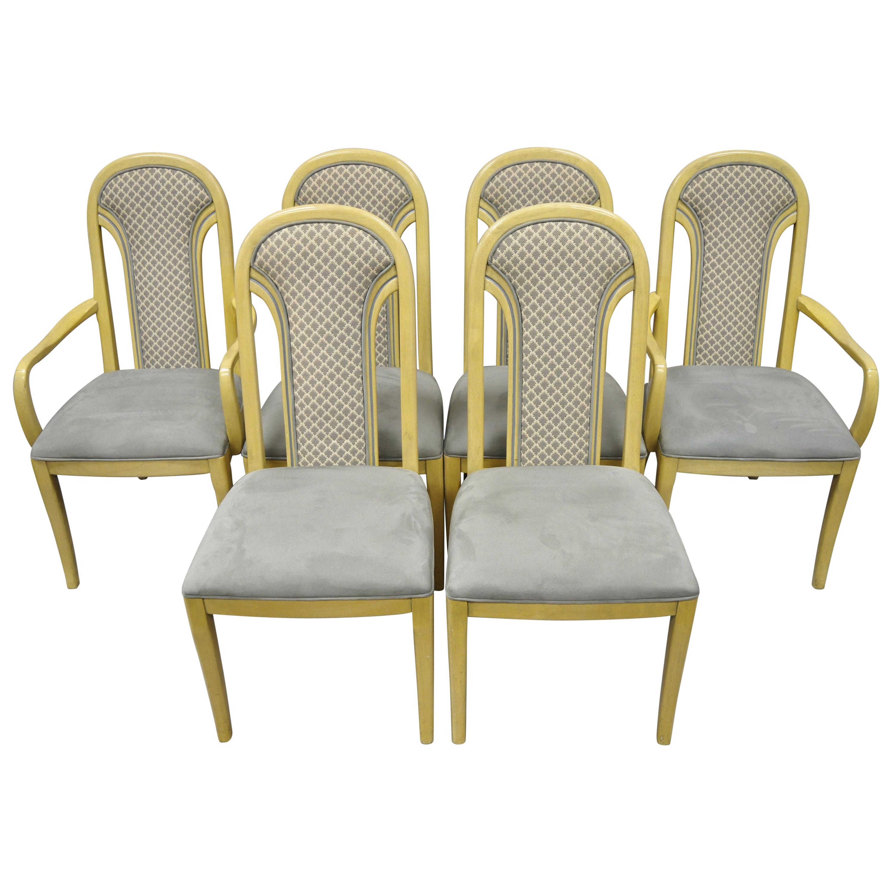 Set of 6 Art Deco Style Cream Upholstered Back Dining Chairs Henredon Attributed For Sale