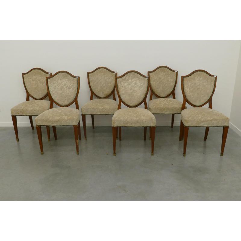 French Set of 6 Art Deco Walnut Chairs, Brass Foot Clogs For Sale