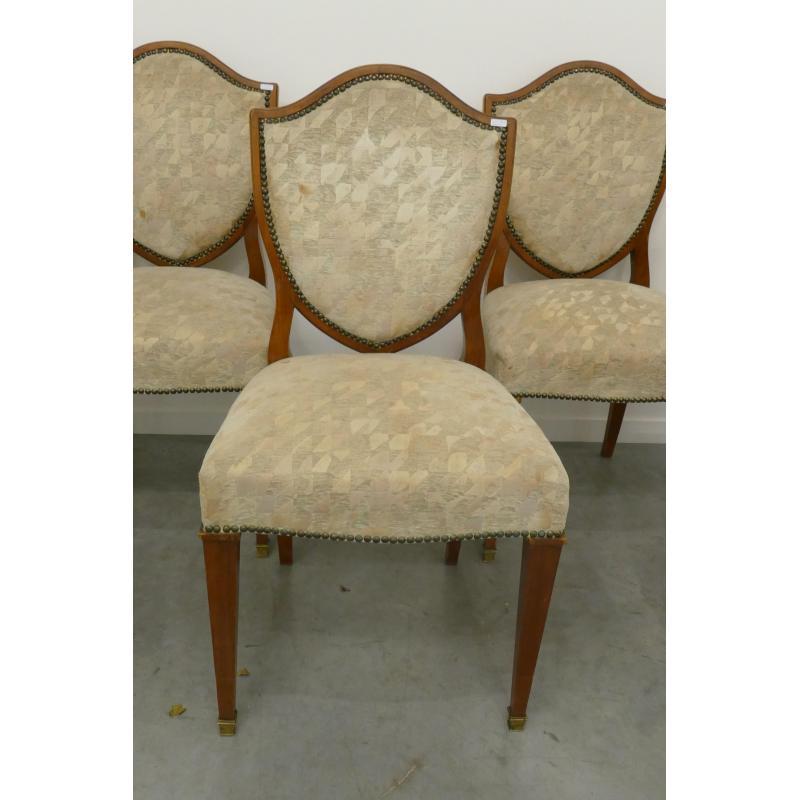 Mid-20th Century Set of 6 Art Deco Walnut Chairs, Brass Foot Clogs For Sale