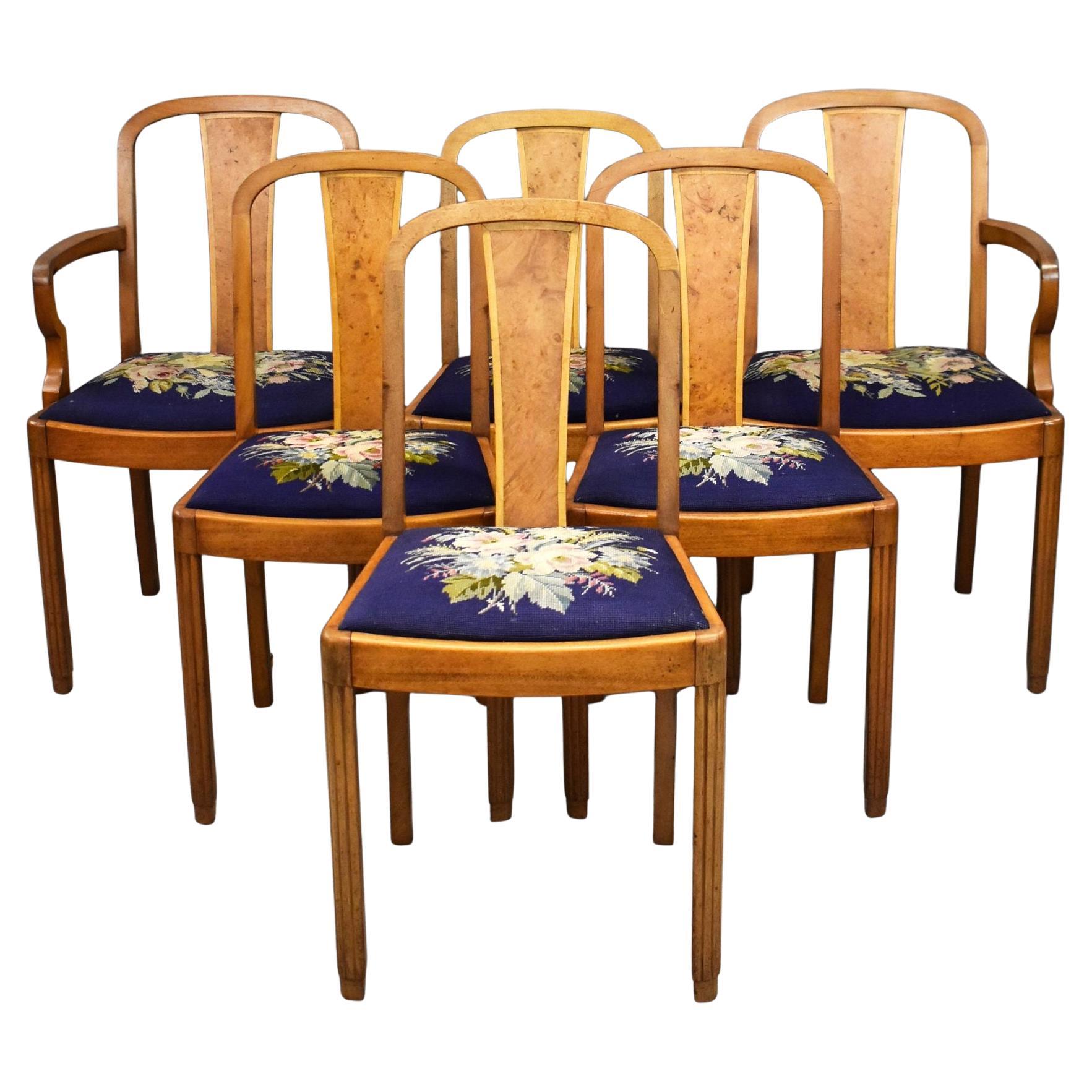 Set of 6 Art Deco Walnut Dining Chairs For Sale