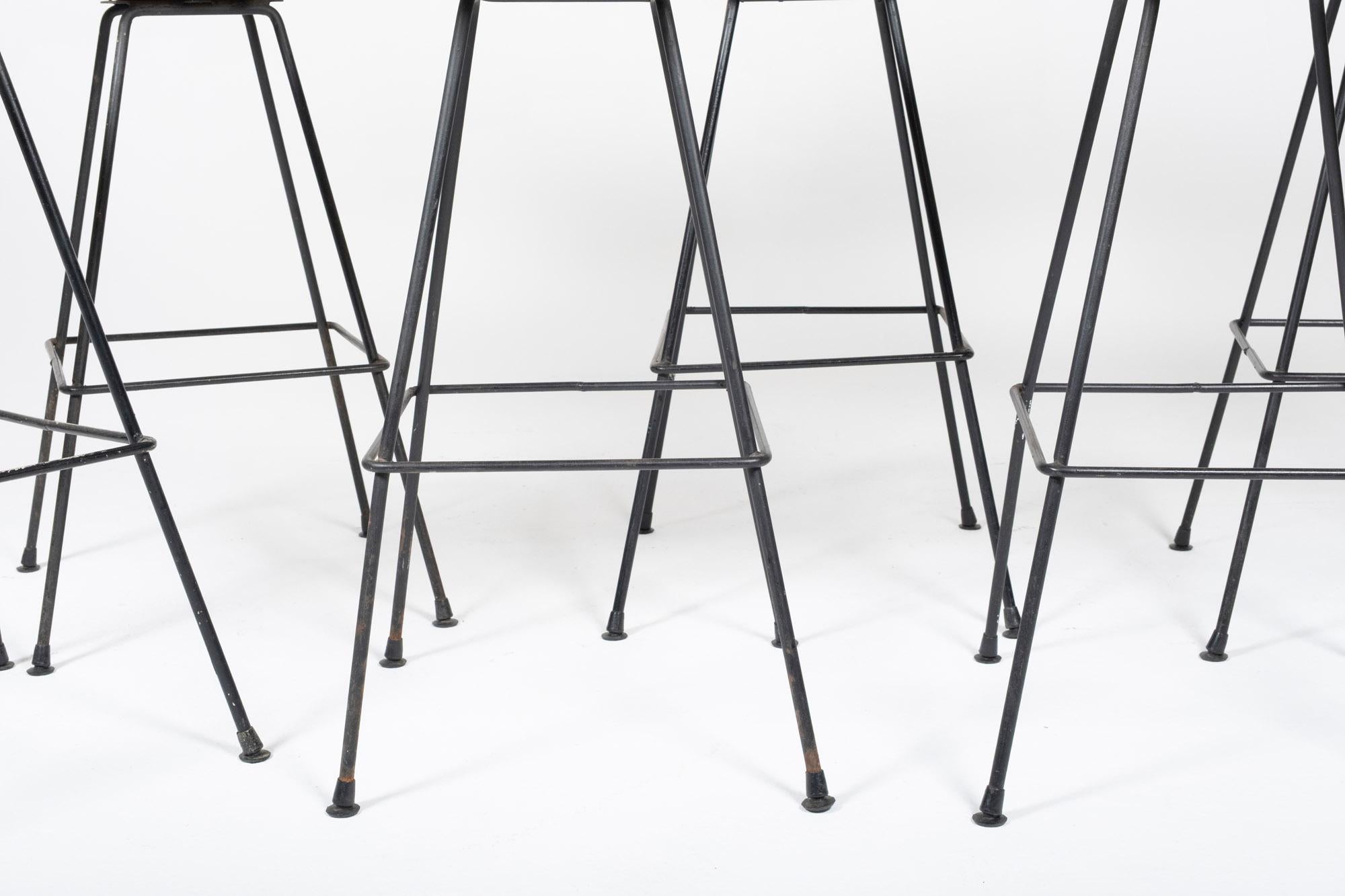Set of 6 Arthur Umanoff Swivel Seat Bar Stools in Slatted Wood, Raffia, & Iron For Sale 2