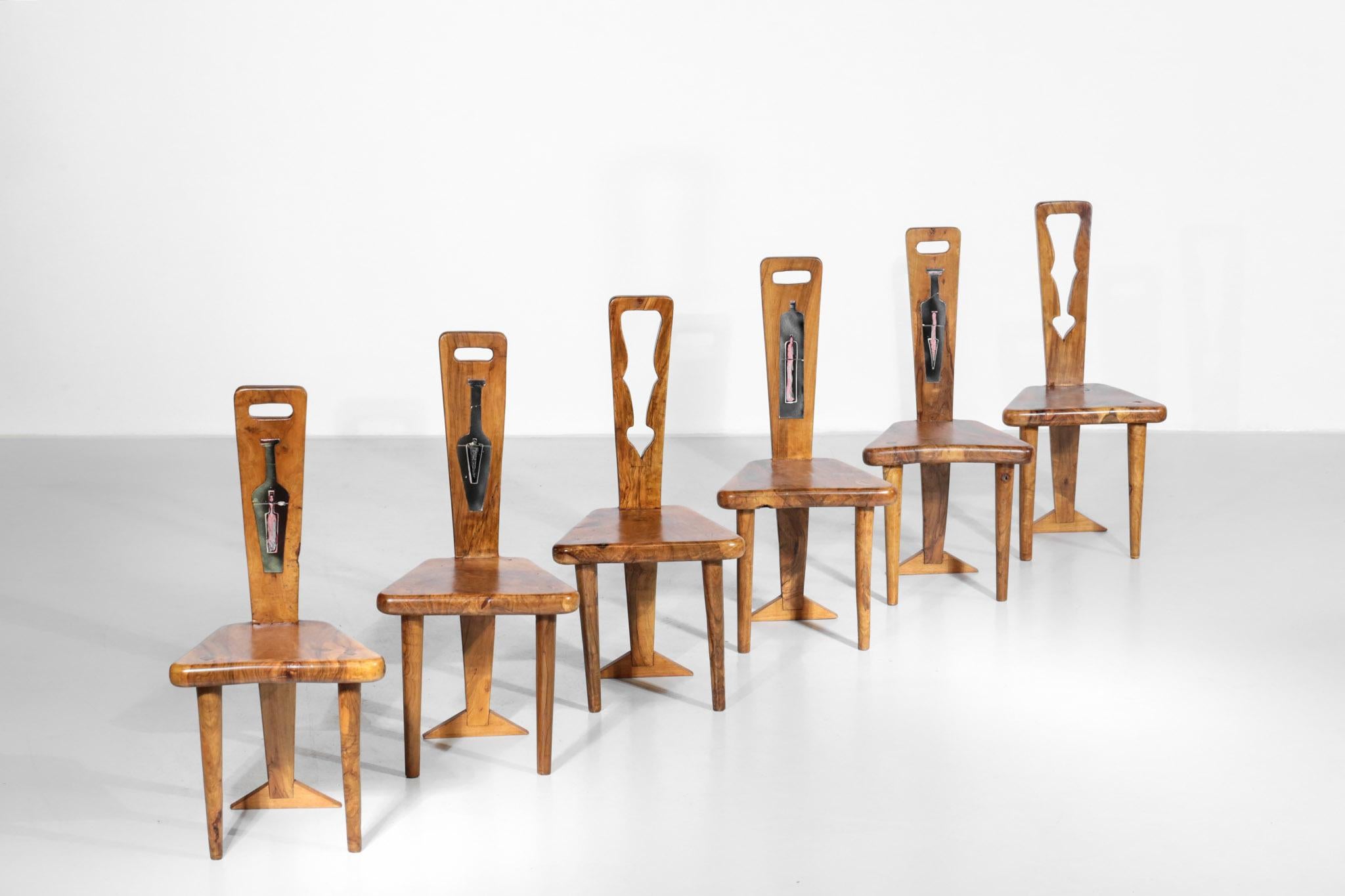 Set of 6 Artisanal Chairs, Olive Wood and Ceramic, 1960s 3