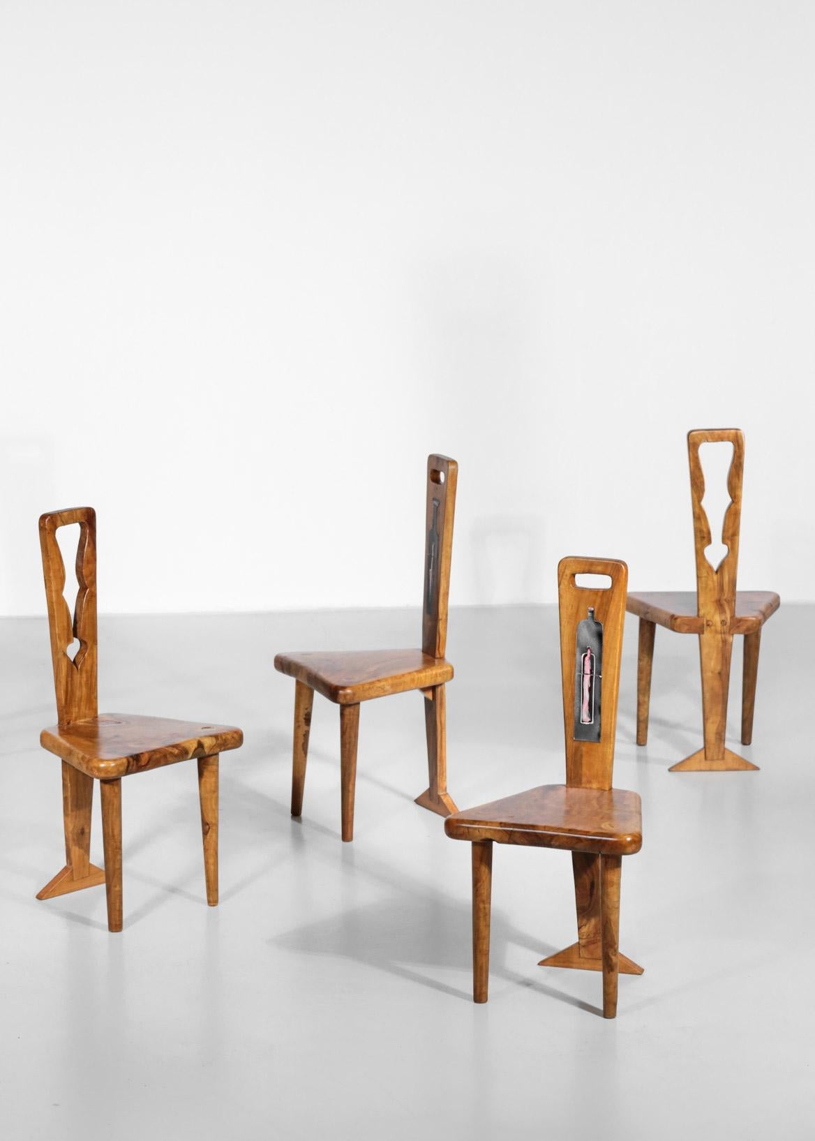 Set of 6 Artisanal Chairs, Olive Wood and Ceramic, 1960s 4