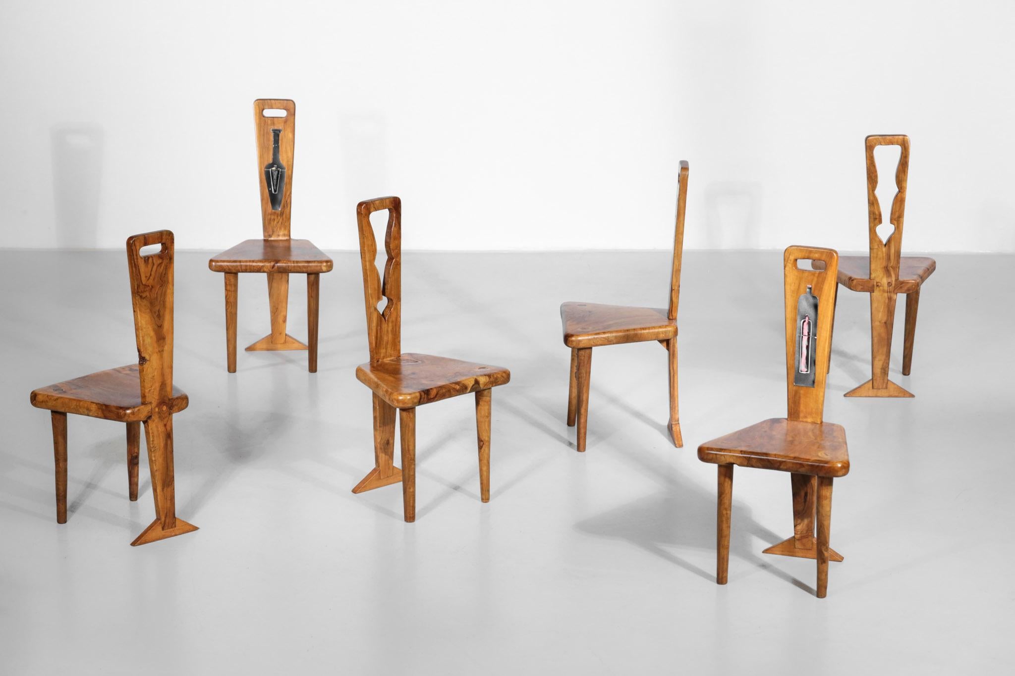 Mid-Century Modern Set of 6 Artisanal Chairs, Olive Wood and Ceramic, 1960s