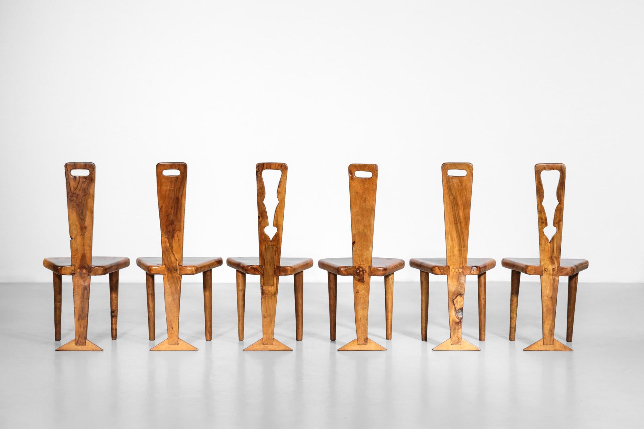 Set of 6 Artisanal Chairs, Olive Wood and Ceramic, 1960s 1