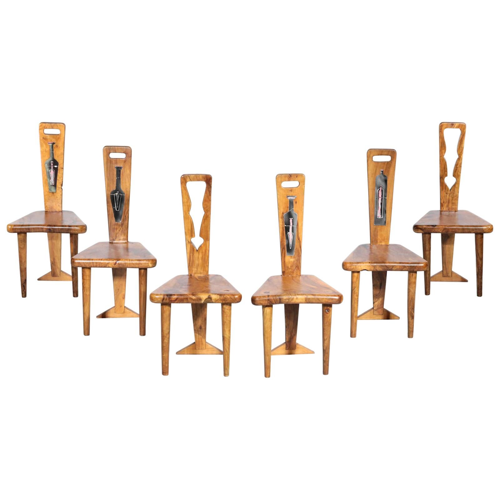 Set of 6 Artisanal Chairs, Olive Wood and Ceramic, 1960s