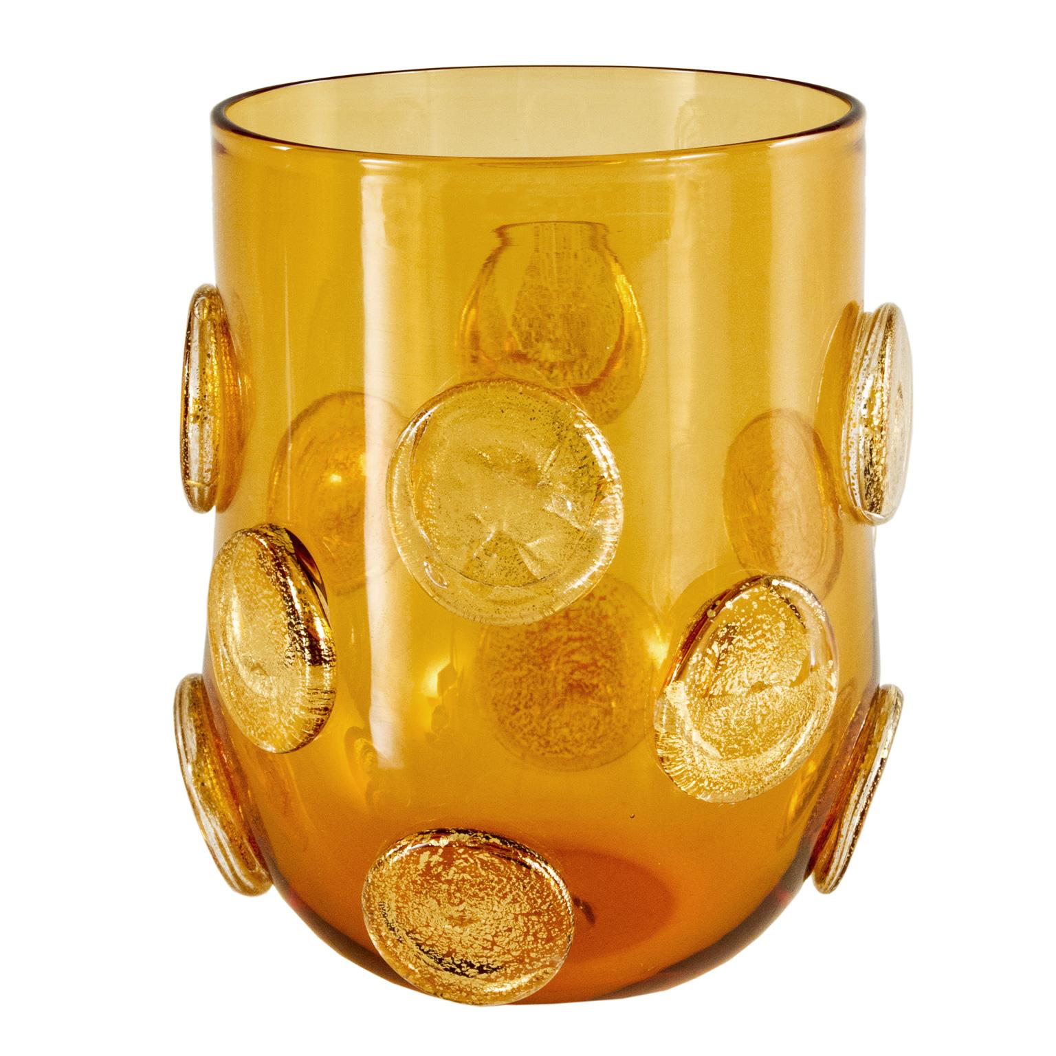 Other Set of 6 Artistic Handmade Glasses Murano Amber Glass Gold Details by Multiforme For Sale