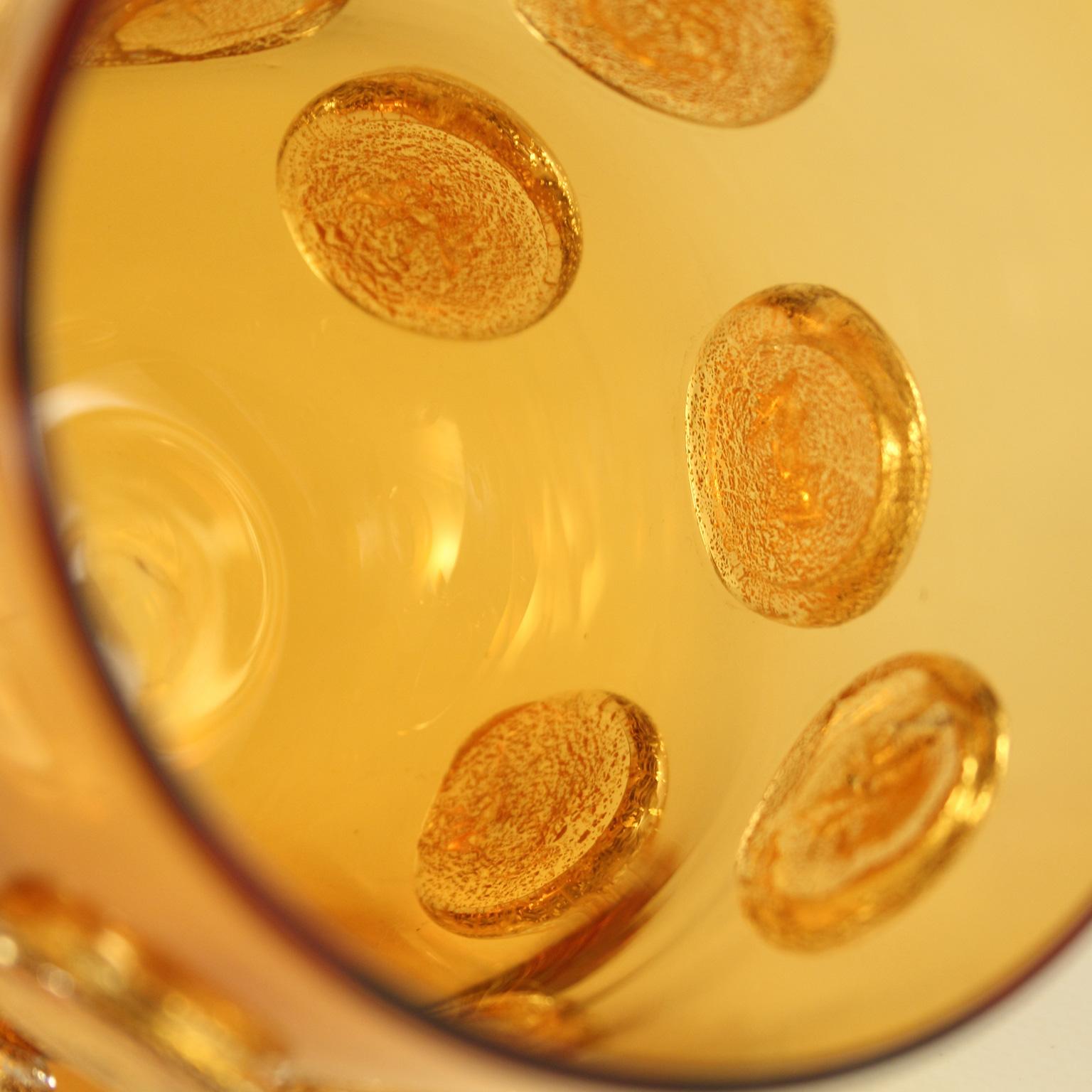 Italian Set of 6 Artistic Handmade Glasses Murano Amber Glass Gold Details by Multiforme For Sale
