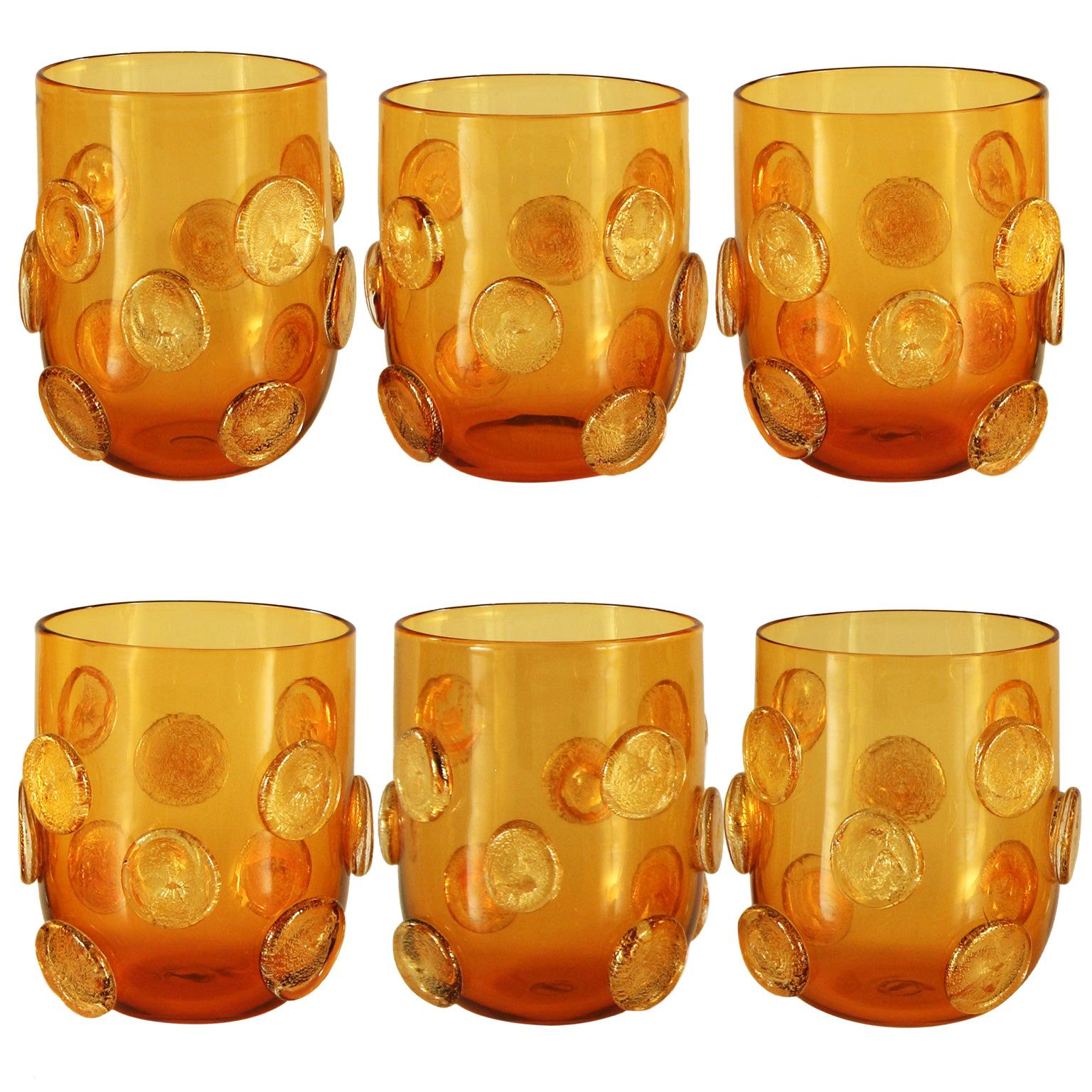 Set of 6 Artistic Handmade Glasses Murano Amber Glass Gold Details by Multiforme For Sale