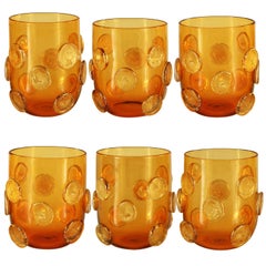 Set of 6 Artistic Handmade Glasses Murano Amber Glass Gold Details by Multiforme