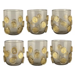 Set di 6 bicchieri artistici fatti a mano in vetro grigio di Murano con dettagli in oro di Multiforme