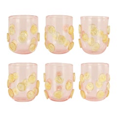 Juego de 6 vasos artísticos de cristal rosa de Murano hechos a mano con detalles dorados by Multiforme